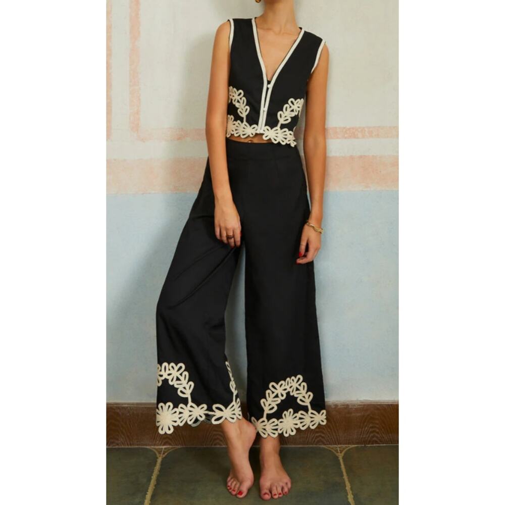 Commense Black White Embroidery Two Piece Set XL Coastal Luxe Resort Wide Leg